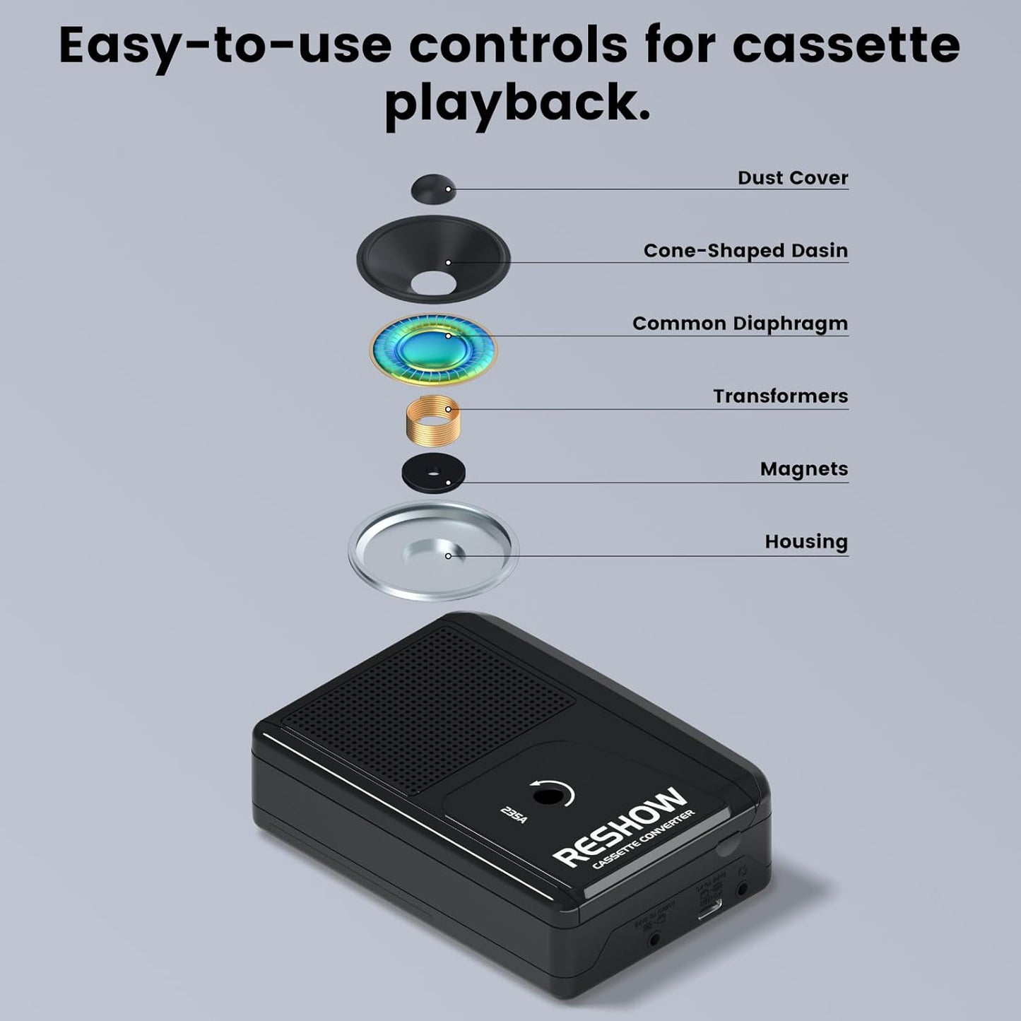 Reshow Walkman Cassette Player, Portable Cassette Tape Recorder, Audio Cassette to Digital Converter with Earphone Jack, Built-in Microphone, Loud Speaker, Reverse Recording to Tape-Black