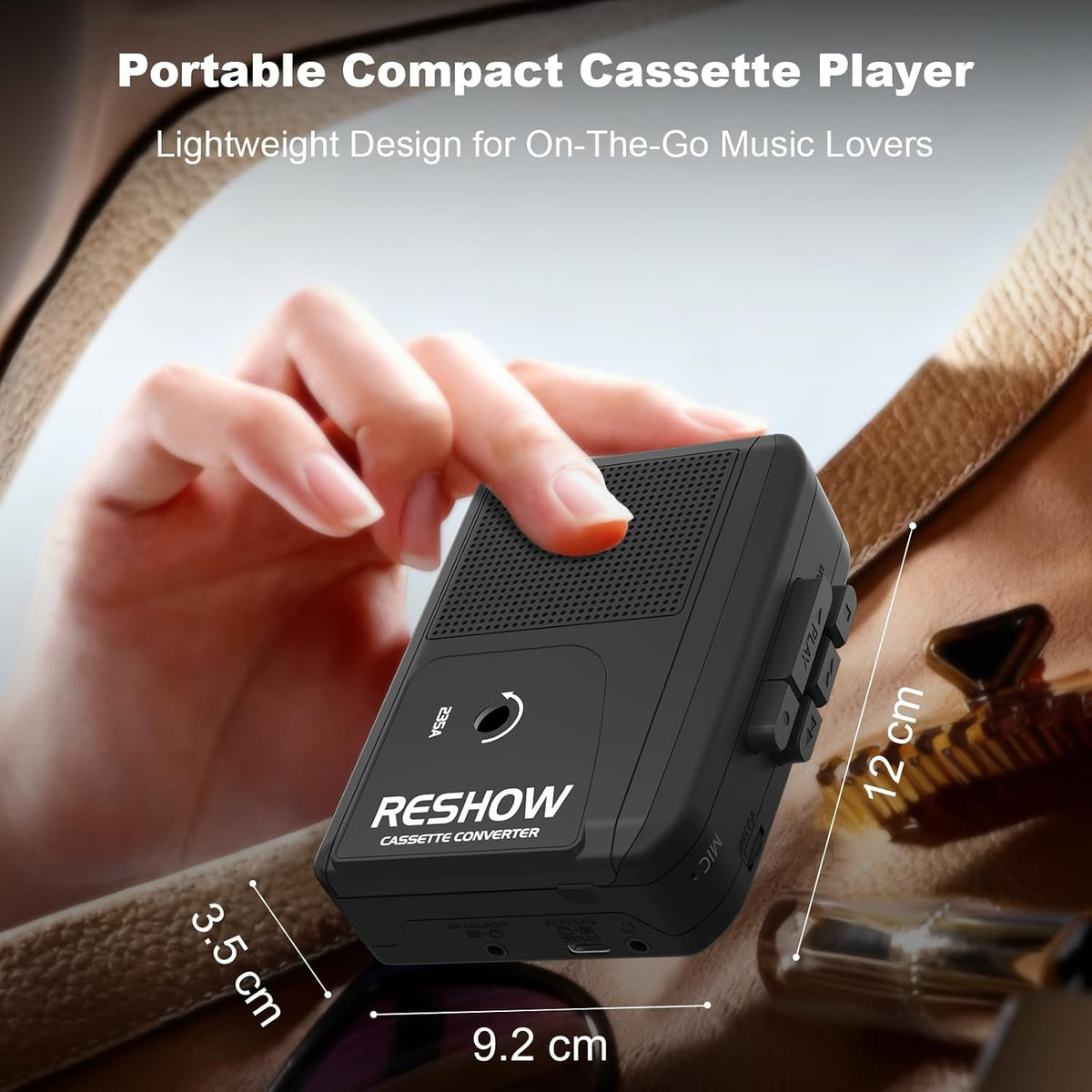 Reshow Portable Cassette Player Built-in Microphone & Speaker, USB Cassette to MP3 Converter, Reverse Recording on Tape, Black Cassette Recorder with Headphones
