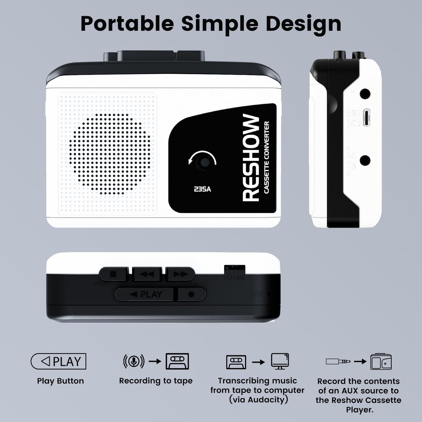 Reshow Portable Walkman Cassette Tape Player with Built-in Speaker and Headphone Jack, USB C Cassette to MP3 Converter, Reverse Recording to Tape, Cassette Tape Recorder, Full Stereo Sound-White