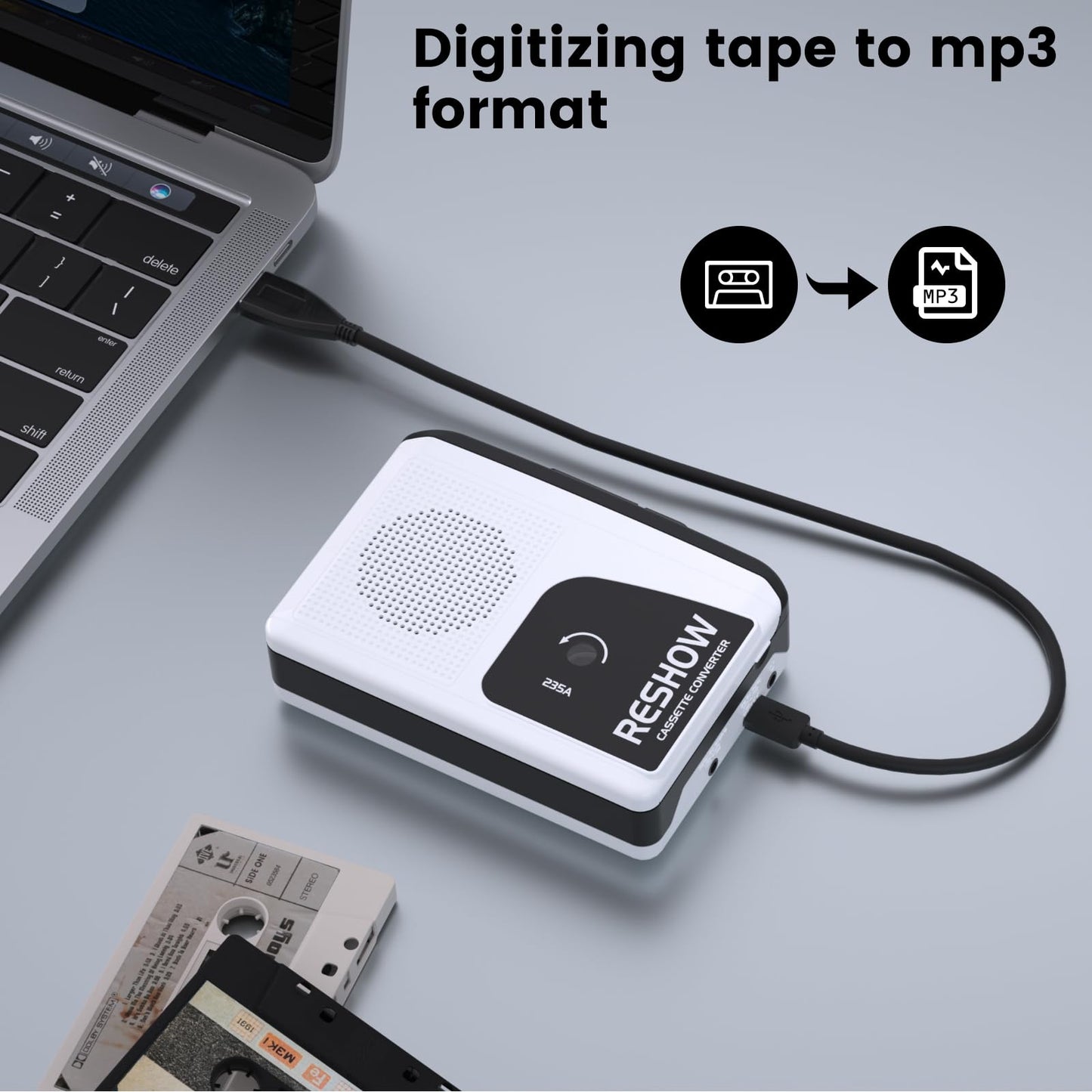 Reshow Portable Walkman Cassette Tape Player with Built-in Speaker and Headphone Jack, USB C Cassette to MP3 Converter, Reverse Recording to Tape, Cassette Tape Recorder, Full Stereo Sound-White