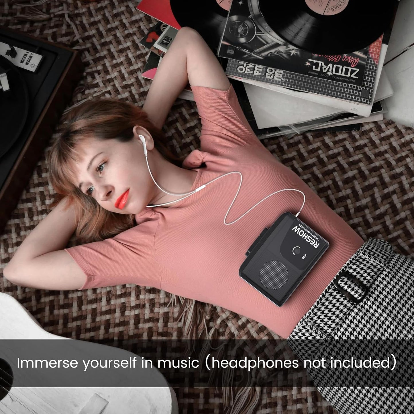 Reshow Walkman Cassette Player, Portable Cassette Tape Recorder, Audio Cassette to Digital Converter with Earphone Jack, Built-in Microphone, Loud Speaker, Reverse Recording to Tape-Black