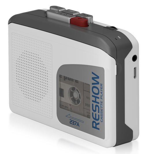 Reshow Portable Cassette Player with Built-in Speaker & USB-C, Tape Recorder for Music & Voice, Ideal for Students, Travel, Nostalgia (Grey White)