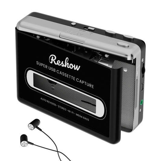 Reshow Portable Cassette Player, USB Cassette to MP3 Converter, Tape Digitalizer for Laptop and PC, Black