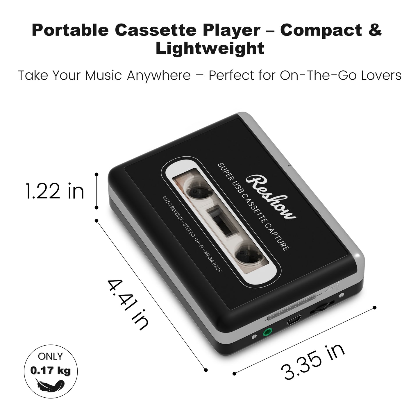 Reshow Portable Cassette Player, USB Cassette to MP3 Converter, Tape Digitalizer for Laptop and PC, Black