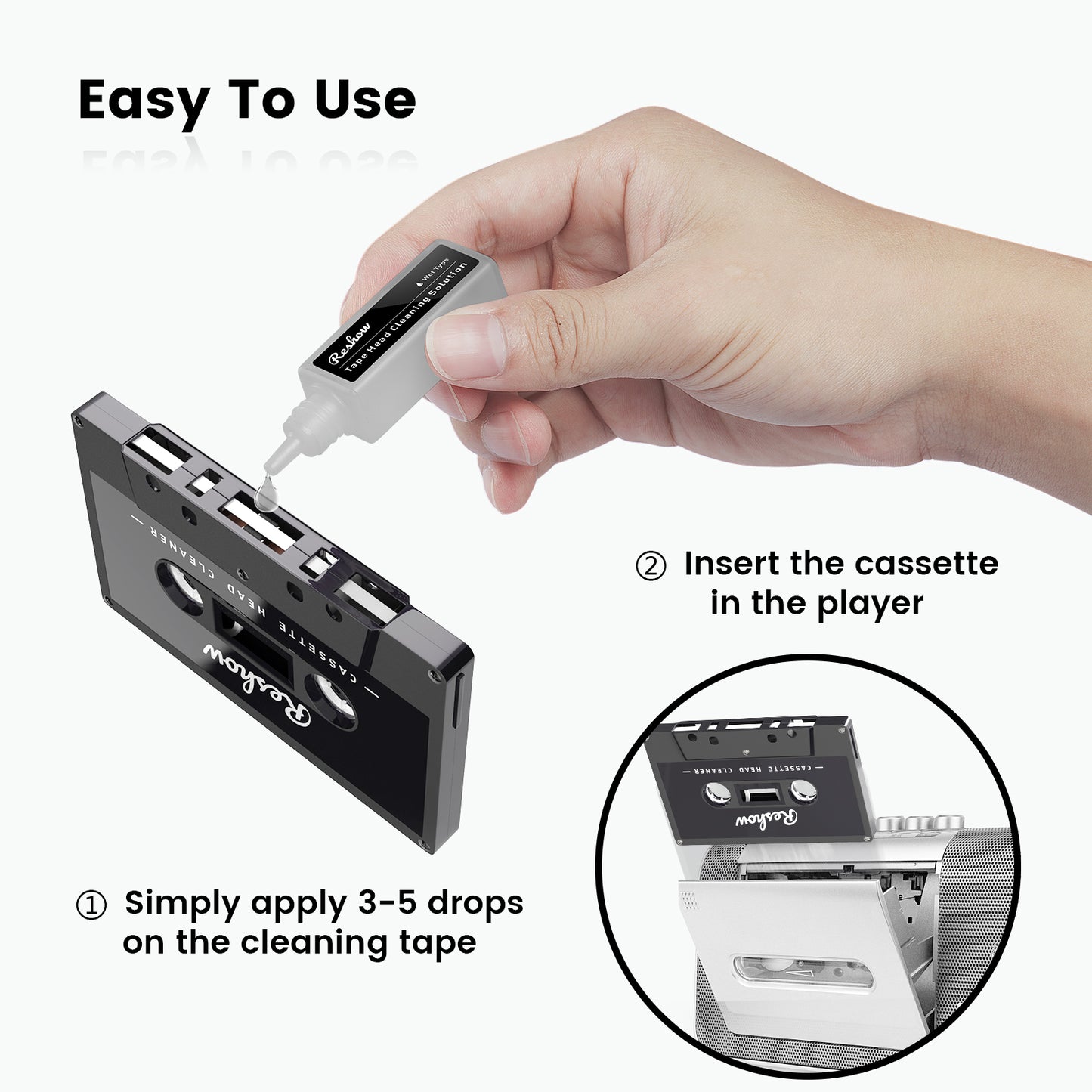 Reshow Audio Tape Cassette Head Cleaner with/ 1 Cleaning Fluids Care Wet Maintenance Kit for Cassette Tape Player/Boombox/Deck/Recorder (1 Bottles of Cleaning Fluid)