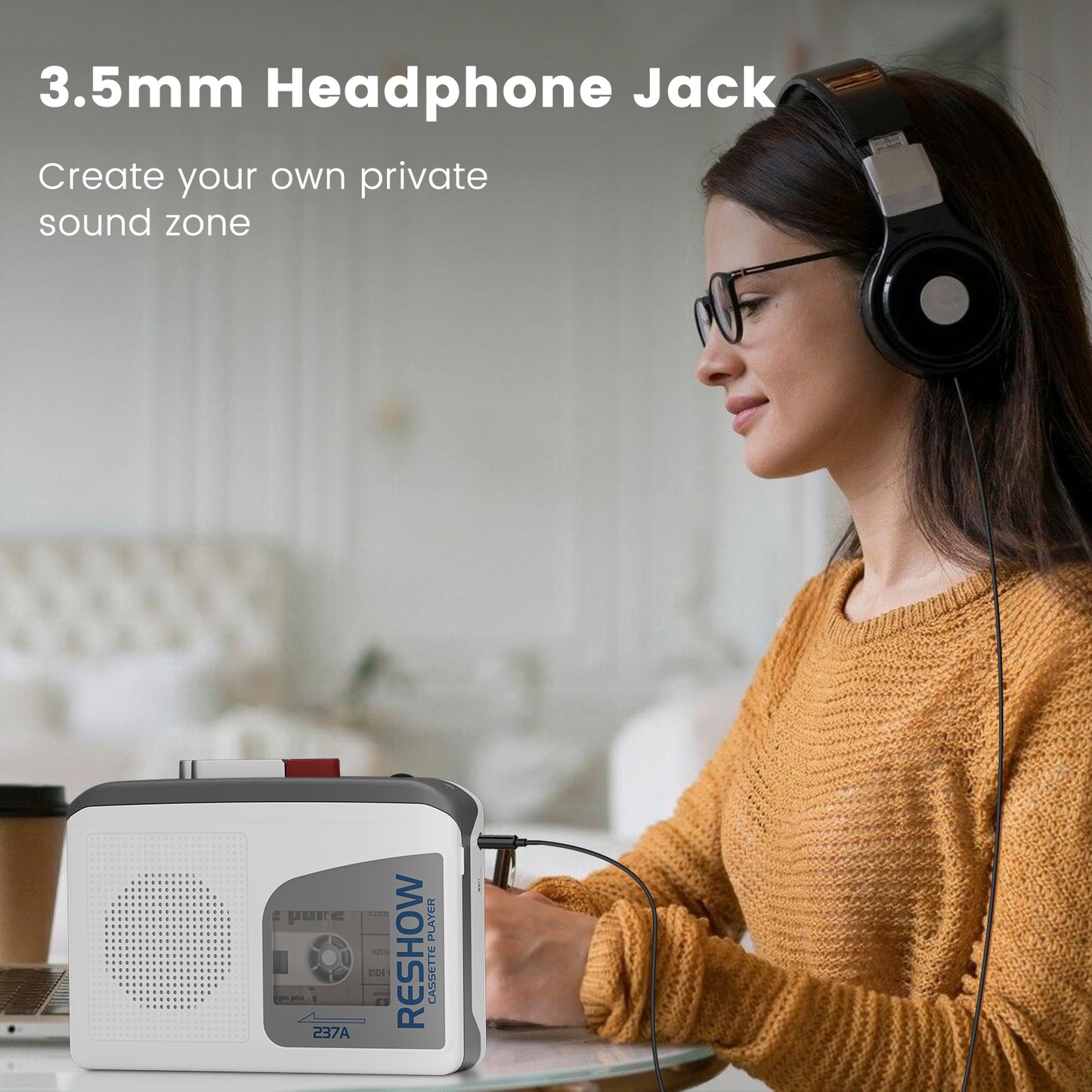 Reshow Portable Cassette Player with Built-in Speaker & USB-C, Tape Recorder for Music & Voice, Ideal for Students, Travel, Nostalgia (Grey White)