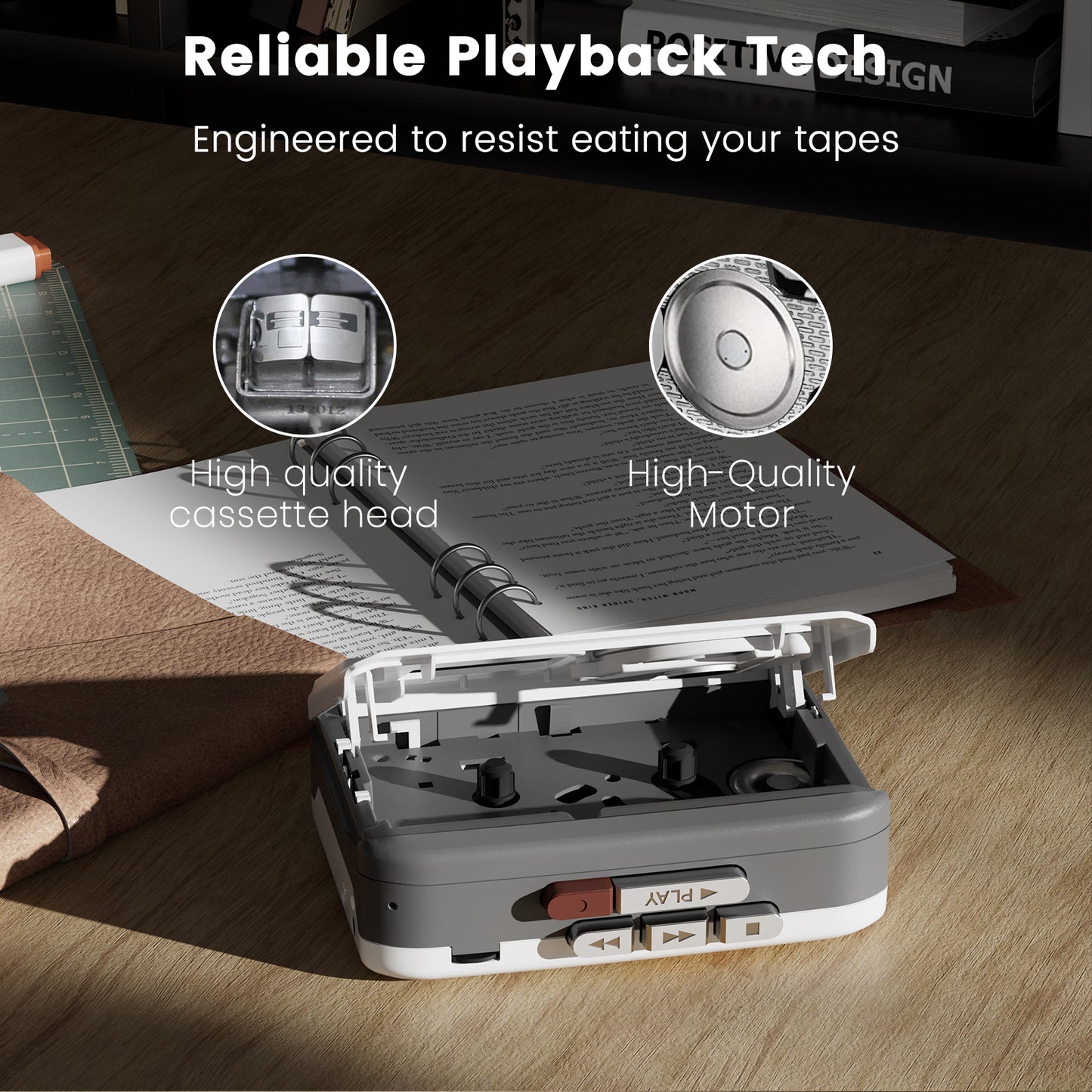Reshow Portable Cassette Player with Built-in Speaker & USB-C, Tape Recorder for Music & Voice, Ideal for Students, Travel, Nostalgia (Grey White)