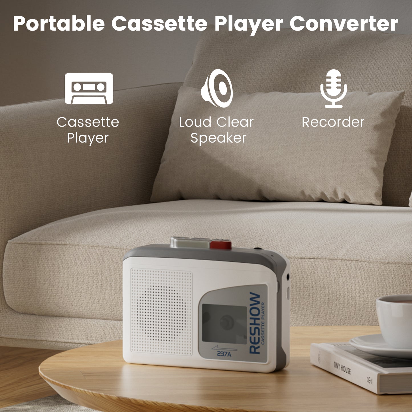 Reshow Portable Cassette Player with Built-in Speaker & USB-C, Tape Recorder for Music & Voice, Ideal for Students, Travel, Nostalgia (Grey White)