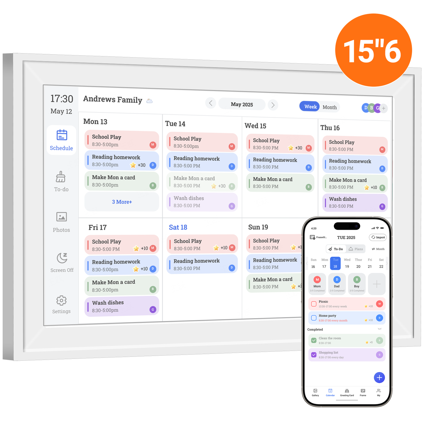 Reshow 15.6" Smart Digital Calendar & Chore Chart – WiFi Touchscreen Family Organizer, Meal Planner, To Do List, Picture Frame (White)