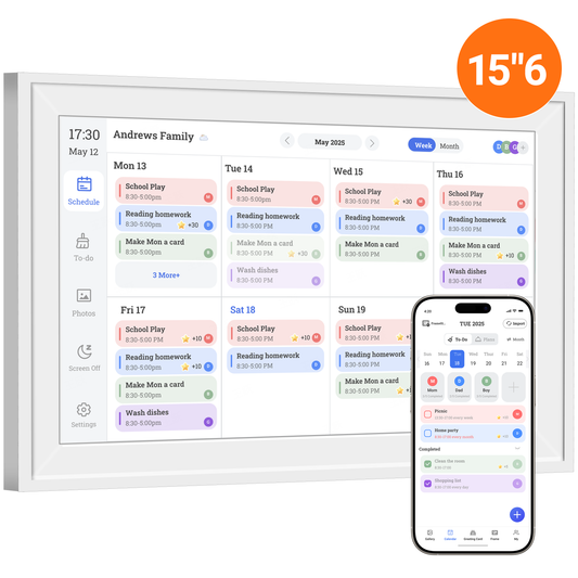 Reshow 15.6" Smart Digital Calendar & Chore Chart – WiFi Touchscreen Family Organizer, Meal Planner, To Do List, Picture Frame (White)