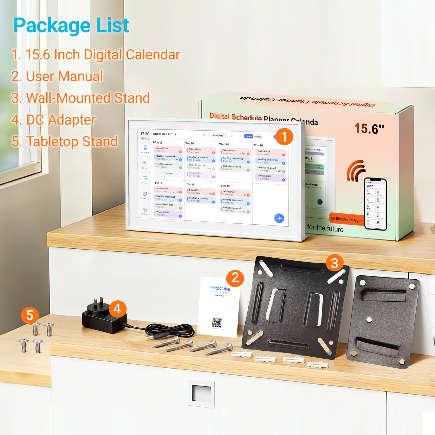 Reshow 15.6" Smart Digital Calendar & Chore Chart – WiFi Touchscreen Family Organizer, Meal Planner, To Do List, Picture Frame (White)