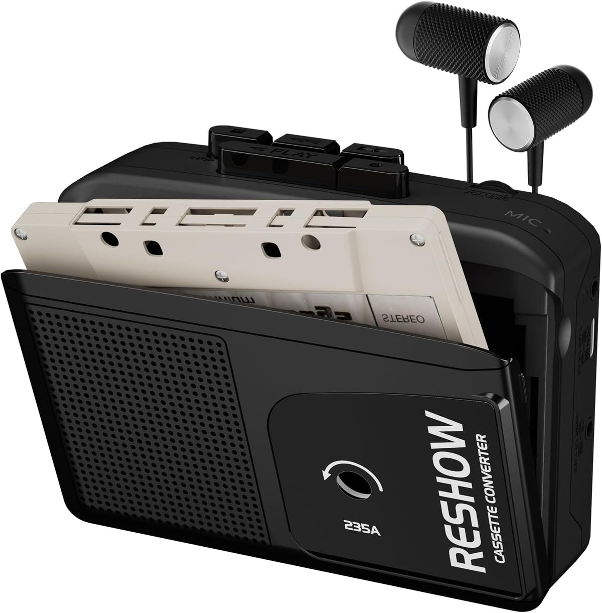 Reshow Portable Cassette Player Built-in Microphone & Speaker, USB Cassette to MP3 Converter, Reverse Recording on Tape, Black Cassette Recorder with Headphones