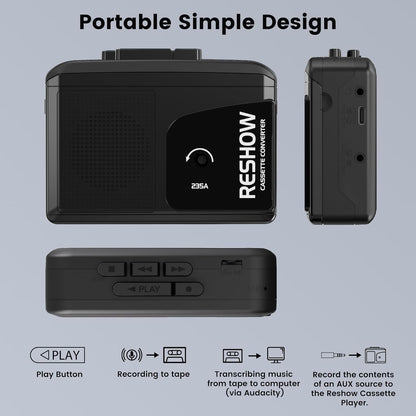 Reshow Walkman Cassette Player, Portable Cassette Tape Recorder, Audio Cassette to Digital Converter with Earphone Jack, Built-in Microphone, Loud Speaker, Reverse Recording to Tape-Black