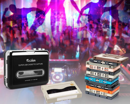 Reshow Cassette Player – Portable Tape Player Captures MP3 Audio Music via USB – Compatible with Laptops and Personal Computers – Convert Walkman Tape Cassettes to iPod Format (Black)