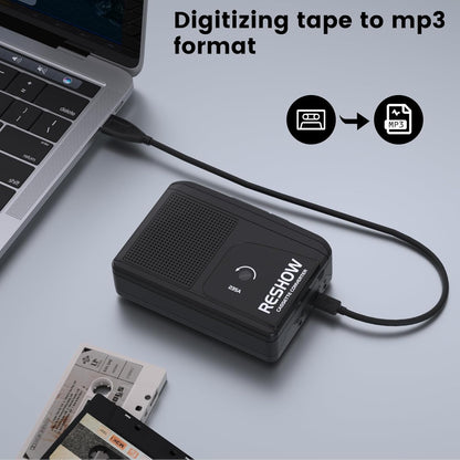 Reshow Walkman Cassette Player, Portable Cassette Tape Recorder, Audio Cassette to Digital Converter with Earphone Jack, Built-in Microphone, Loud Speaker, Reverse Recording to Tape-Black