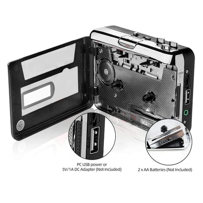 Reshow Cassette Player – Portable Tape Player Captures MP3 Audio Music via USB – Compatible with Laptops and Personal Computers – Convert Walkman Tape Cassettes to iPod Format (Black)