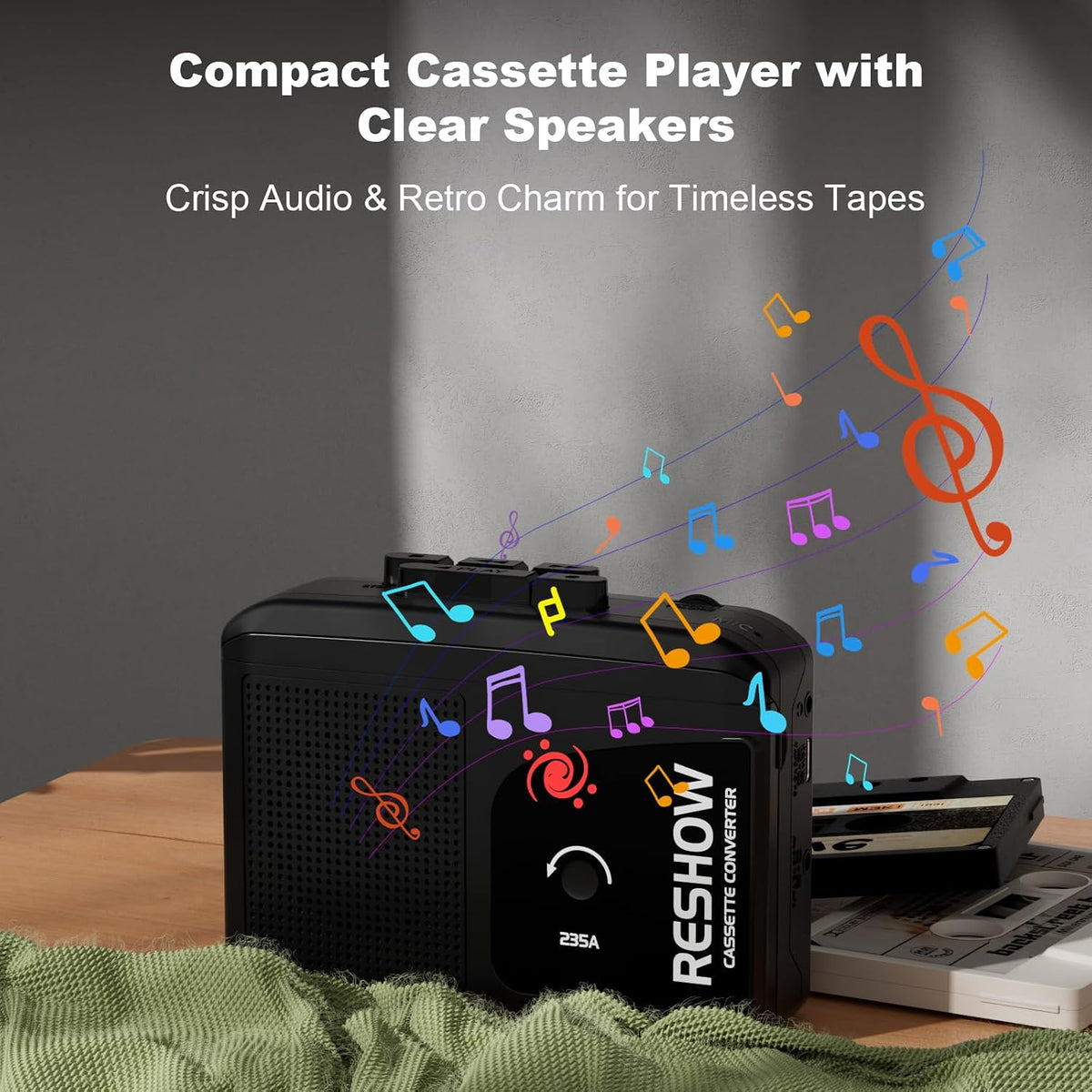 Reshow Portable Cassette Player Built-in Microphone & Speaker, USB Cassette to MP3 Converter, Reverse Recording on Tape, Black Cassette Recorder with Headphones