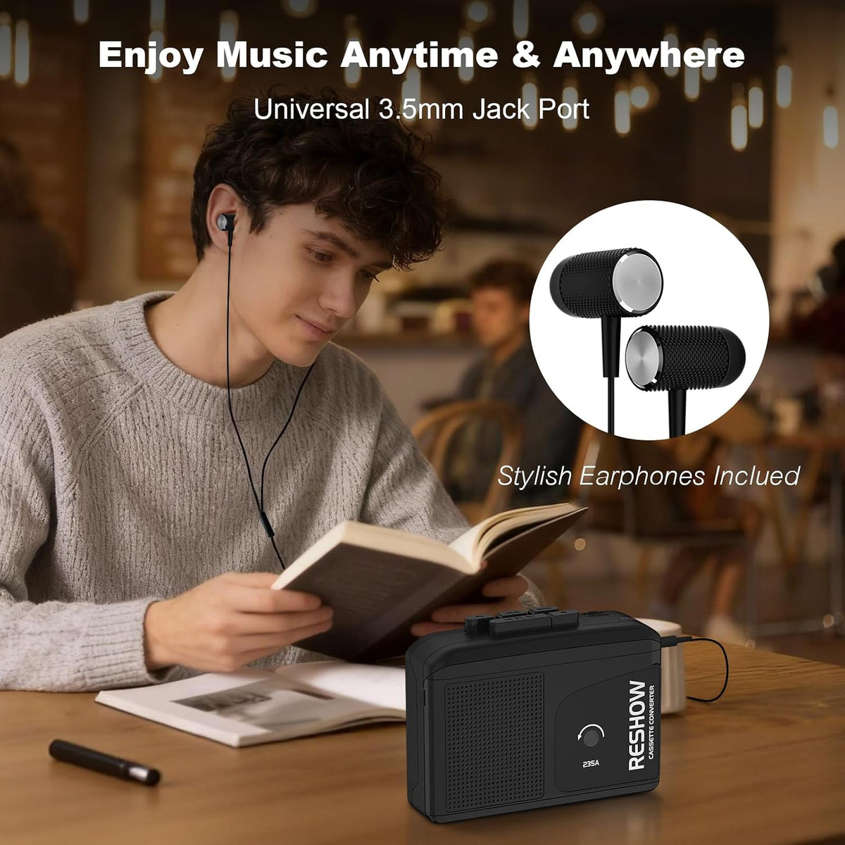 Reshow Portable Cassette Player Built-in Microphone & Speaker, USB Cassette to MP3 Converter, Reverse Recording on Tape, Black Cassette Recorder with Headphones