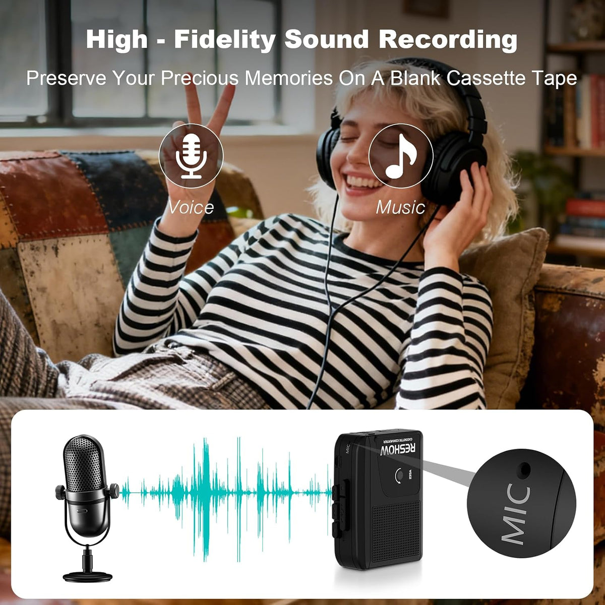 Reshow Portable Cassette Player Built-in Microphone & Speaker, USB Cassette to MP3 Converter, Reverse Recording on Tape, Black Cassette Recorder with Headphones