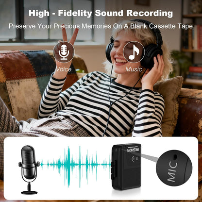 Reshow Portable Cassette Player Built-in Microphone & Speaker, USB Cassette to MP3 Converter, Reverse Recording on Tape, Black Cassette Recorder with Headphones