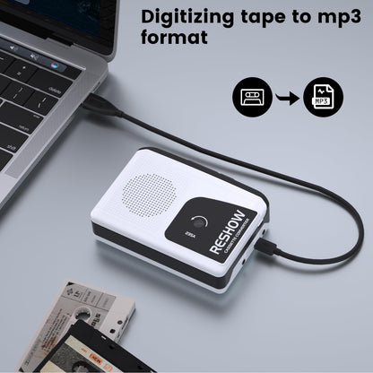 Reshow Portable Walkman Cassette Tape Player with Built-in Speaker and Headphone Jack, USB C Cassette to MP3 Converter, Reverse Recording to Tape, Cassette Tape Recorder, Full Stereo Sound-White