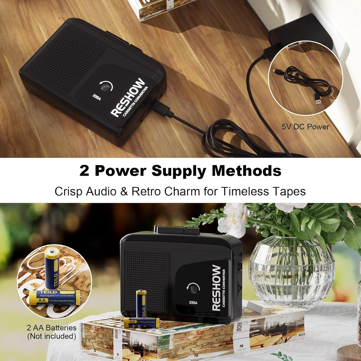 Reshow Portable Cassette Player Built-in Microphone & Speaker, USB Cassette to MP3 Converter, Reverse Recording on Tape, Black Cassette Recorder with Headphones