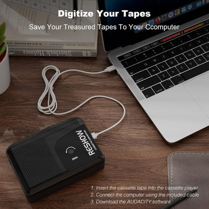 Reshow Portable Cassette Player Built-in Microphone & Speaker, USB Cassette to MP3 Converter, Reverse Recording on Tape, Black Cassette Recorder with Headphones